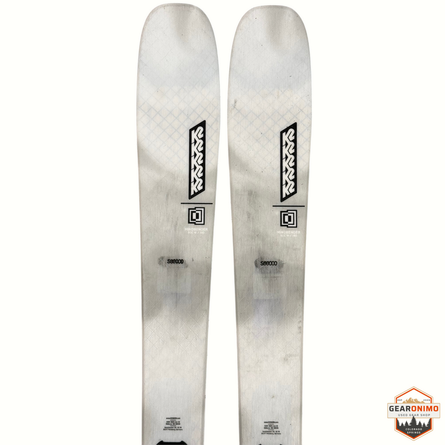 Gearonimo Sports K2 Mindbender 90c W skis in 160cm length with white topsheet and black branding