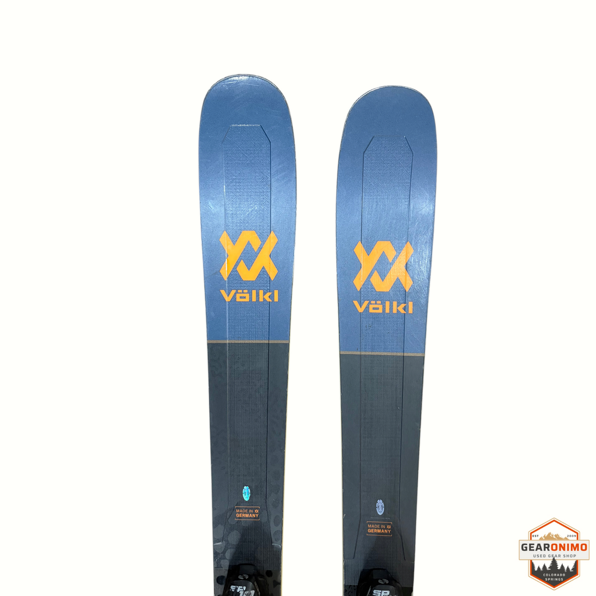 Gearonimo Sports Völkl Secret 92 skis in blue and grey with orange logo, size 149cm with Tyrolia SP 10 bindings