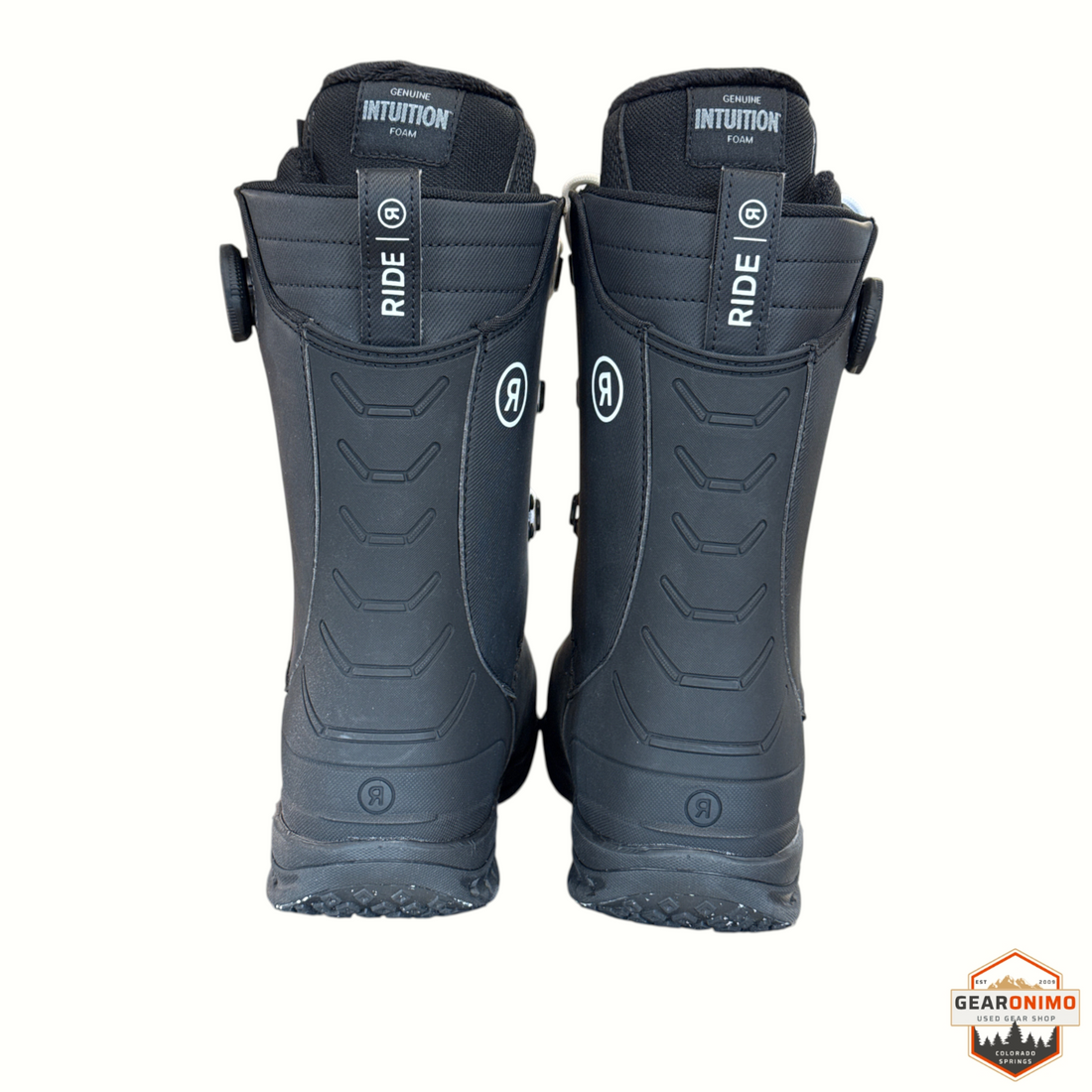 Gearonimo Sports Ride Fuse snowboard boots in black with Intuition foam liners, rear view showing branding.