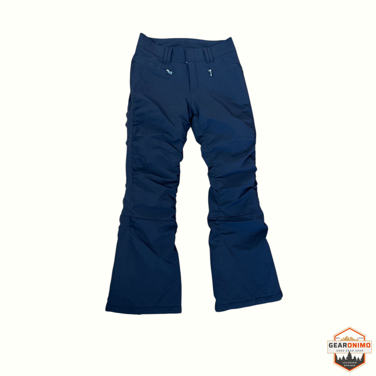 Gearonimo Sports navy blue Bogner SCS ski pants with ruched detailing and zippered pockets