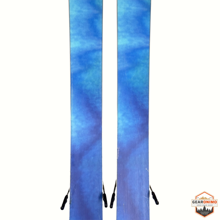Gearonimo Sports K2 Mindbender 99ti skis with blue abstract pattern and Salomon M11 bindings, 184cm length