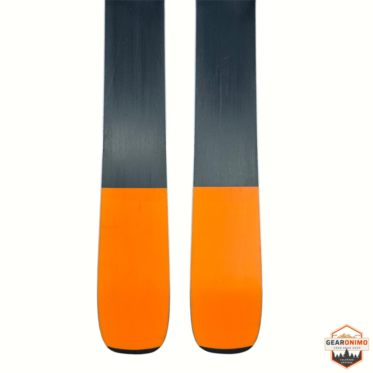 Gearonimo Sports Blizzard Black Pearl 88 skis with orange tips and black topsheets, size 152cm.