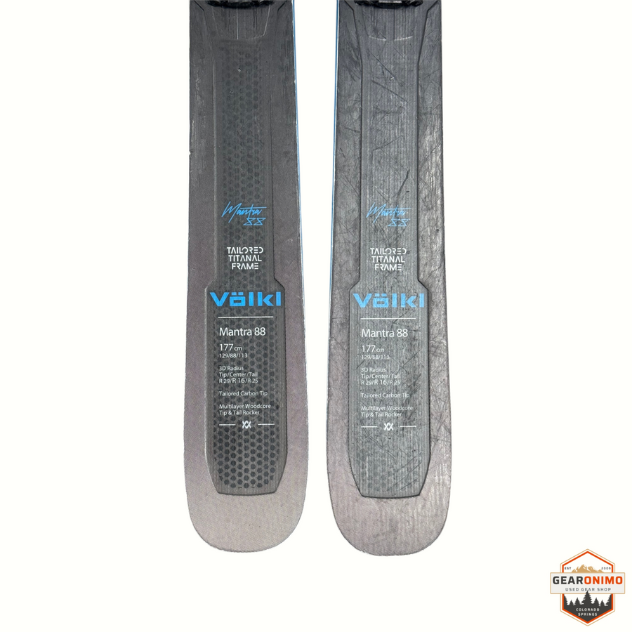 Gearonimo Sports Völkl Mantra 88 skis with Salomon M 11 bindings, 177cm length, featuring Tailored Titanal Frame.
