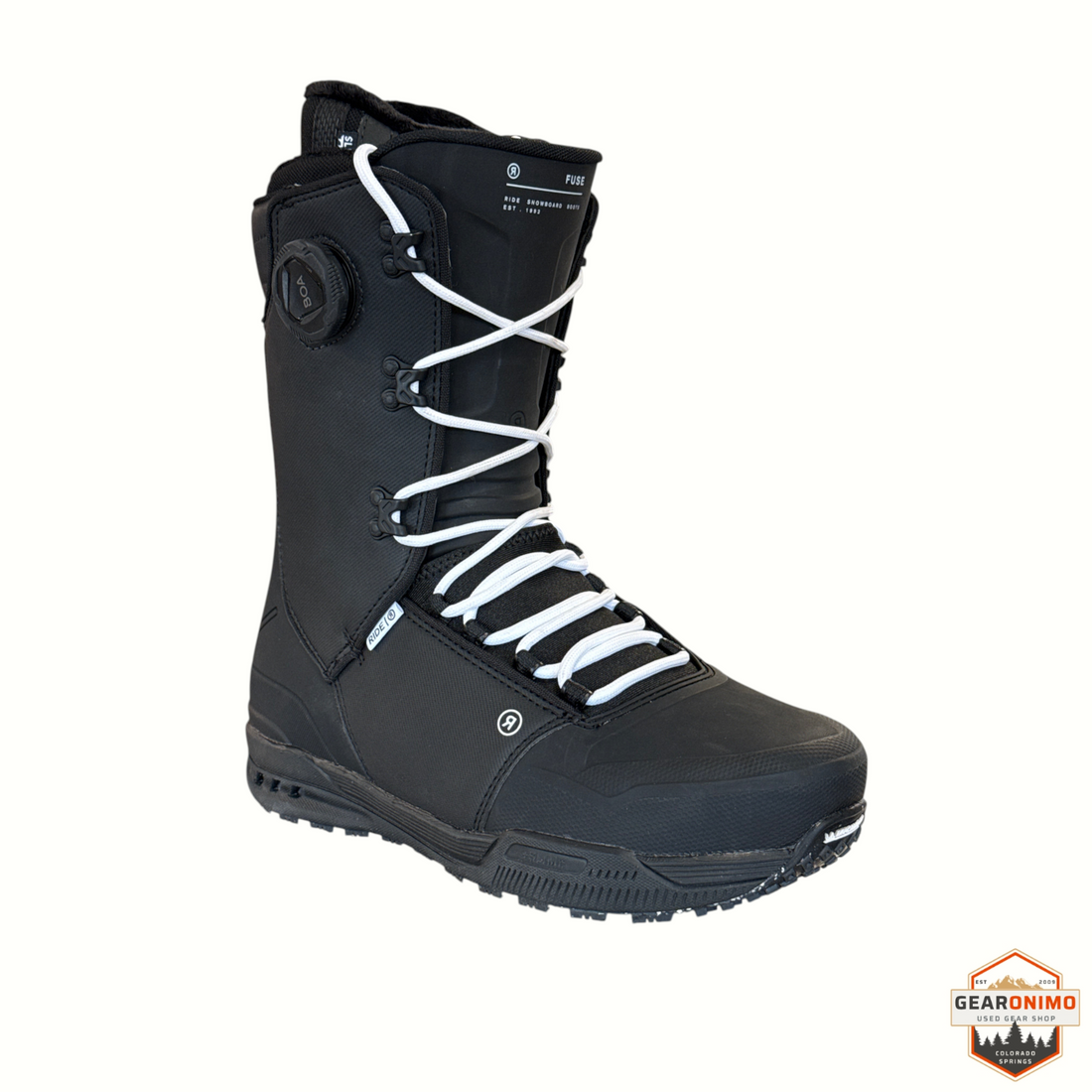 Gearonimo Sports Ride Fuse snowboard boot in black with white laces and BOA closure system for men's size 9
