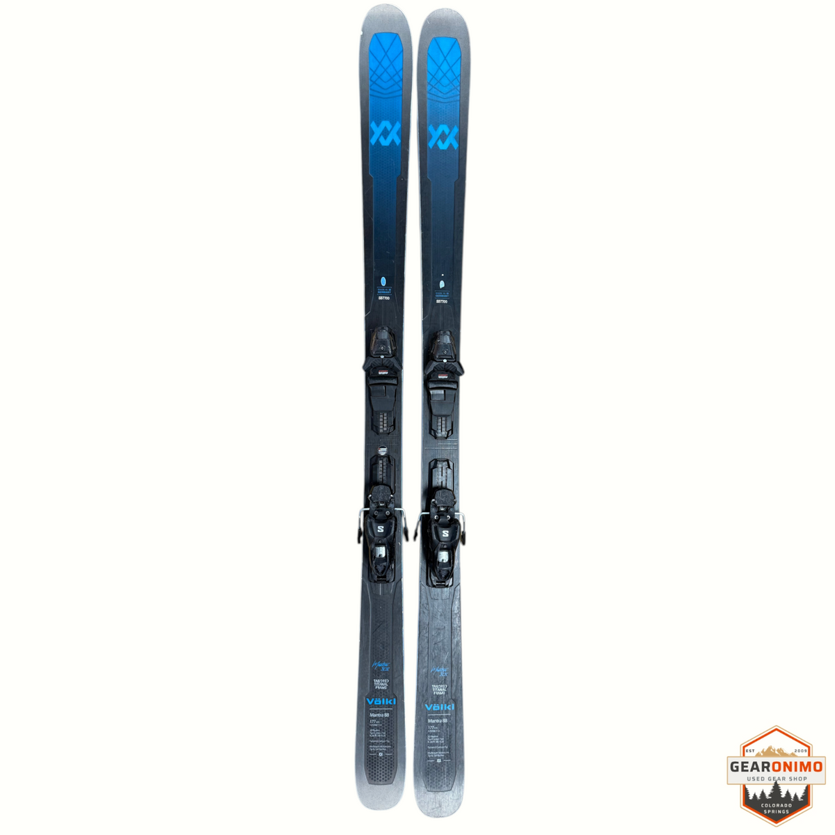 Gearonimo Sports Völkl Mantra 88 skis in grey and blue with Salomon M 11 bindings, 177cm length.