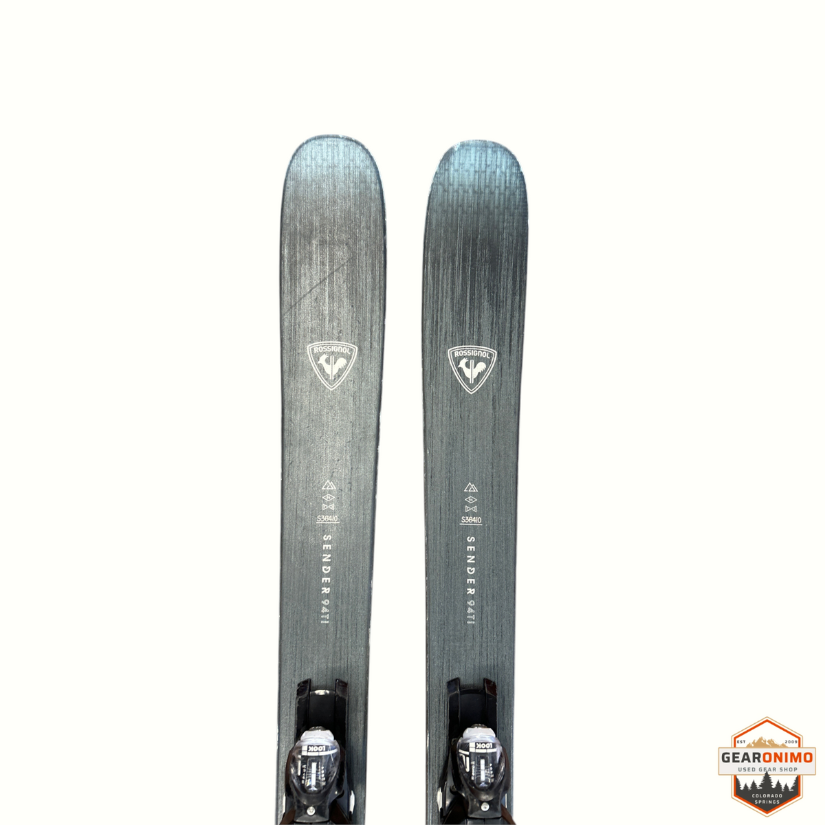 Gearonimo Sports Rossignol Sender 94ti skis with Look Nx12 bindings in a grey finish, 164 cm length.