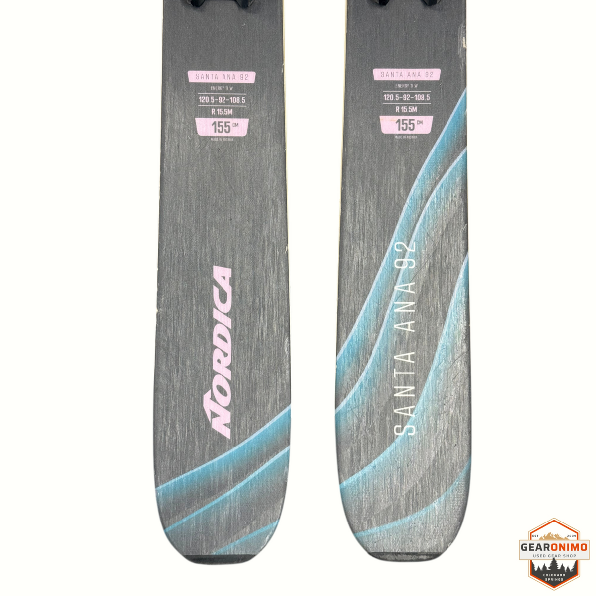 Gearonimo Sports Nordica Santa Ana 92 skis in 155cm length with grey and blue graphic design