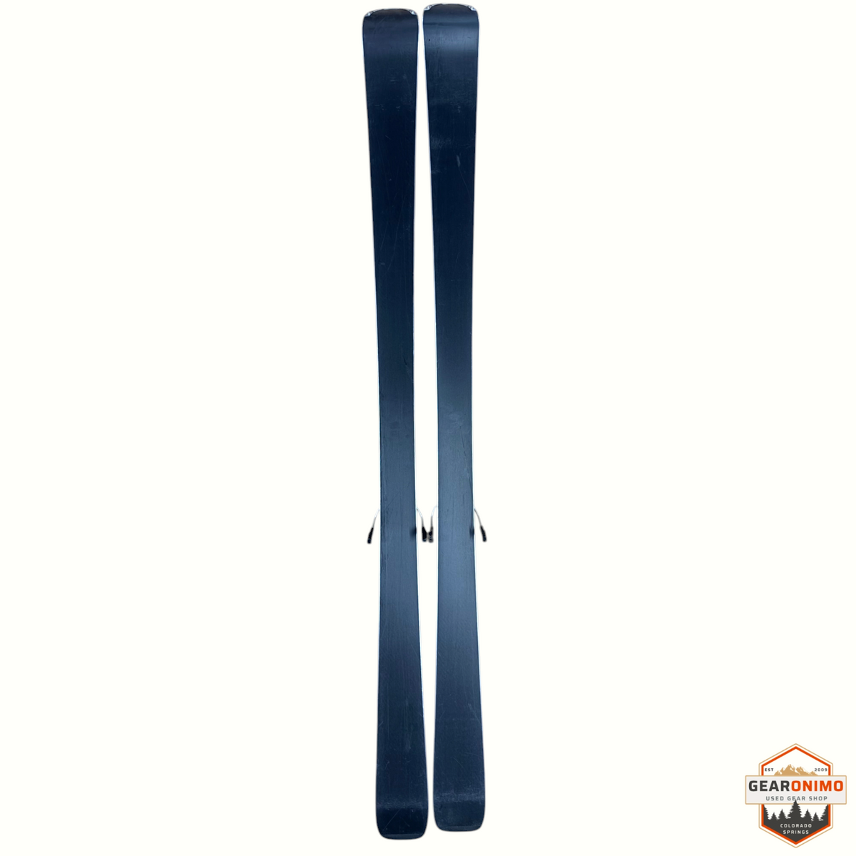 Gearonimo Sports Rossignol E78 Ca skis in black with Look Xpress 11 bindings, 178 cm length, shown from base view.