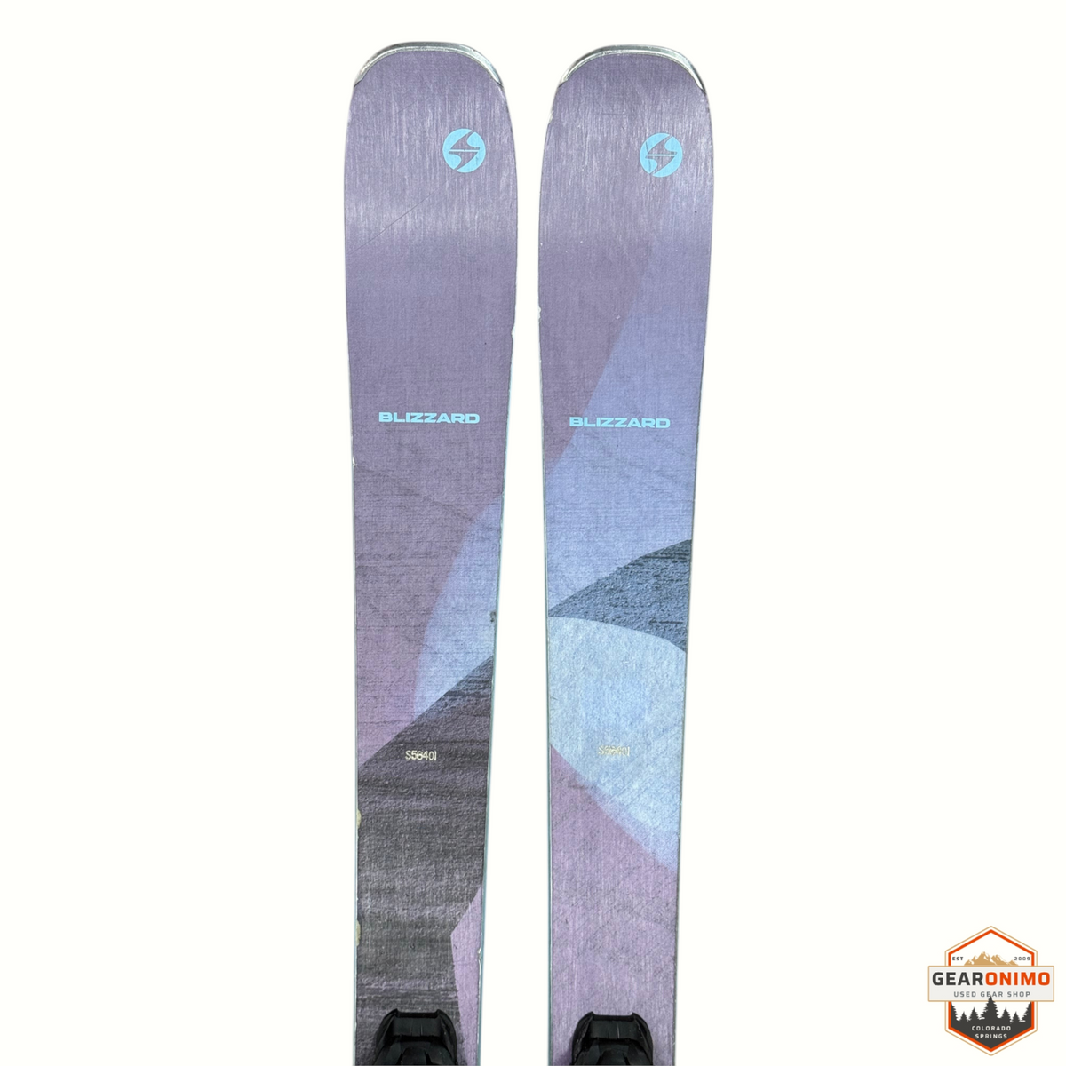 Gearonimo Sports Blizzard Black Pearl 88 skis in purple and grey with geometric design and Marker Tcx 11 bindings