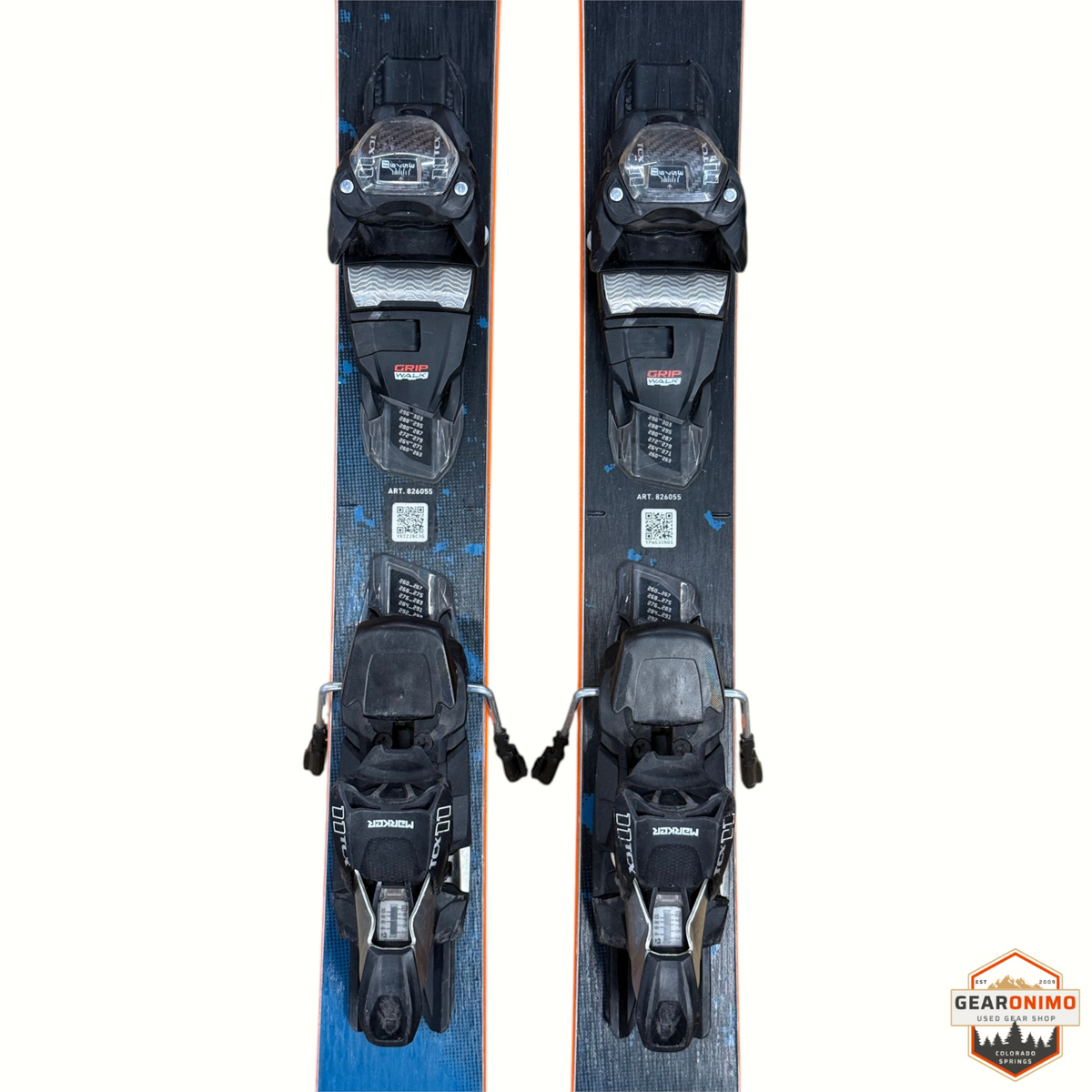 Gearonimo Sports Blizzard Anomaly 88 skis with pre-mounted black Marker Tcx 11 bindings, top-down view.