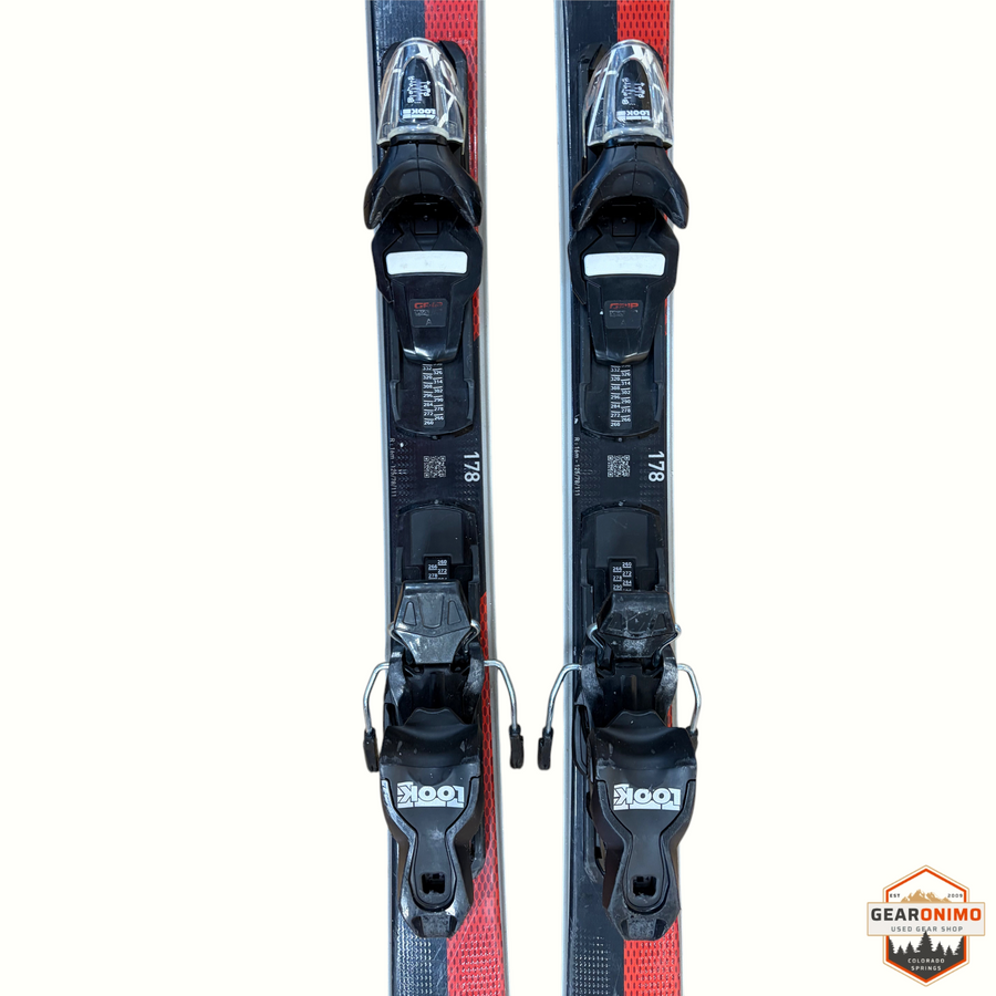 Gearonimo Sports Rossignol Experience 78 skis with black Look Xpress 11 bindings, 178 cm length, red and black design.