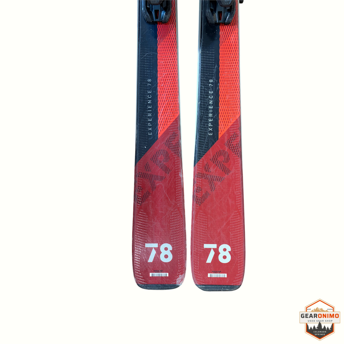 Gearonimo Sports Rossignol Experience 78 skis with Look Xpress 11 bindings in black and red, top-down view.