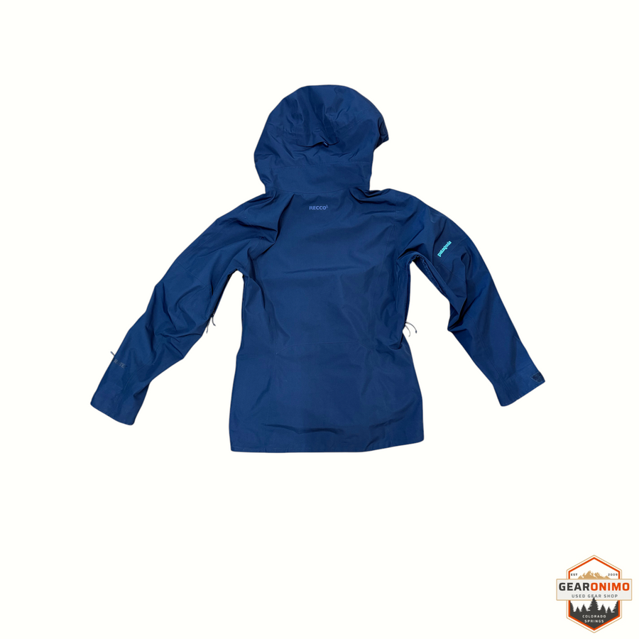 Gearonimo Sports women's blue Patagonia Powder Bowl ski jacket with hood and RECCO reflector, back view.