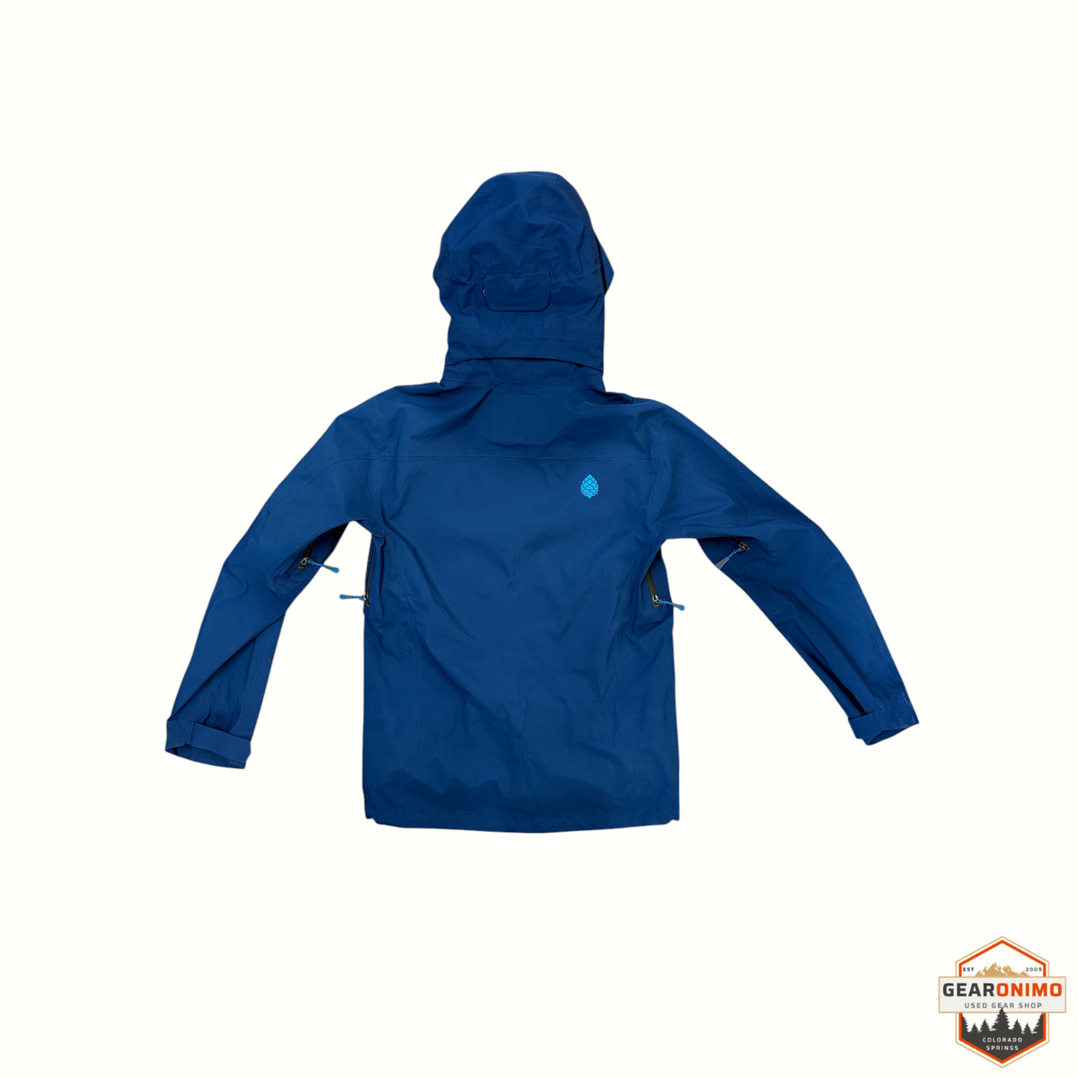 Back view of Gearonimo Sports Stio Environ men's extra small blue waterproof hooded shell jacket