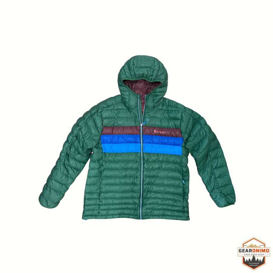 Gearonimo Sports Cotopaxi Fuego hooded down jacket in green with maroon and blue chest stripes, men's size XL.