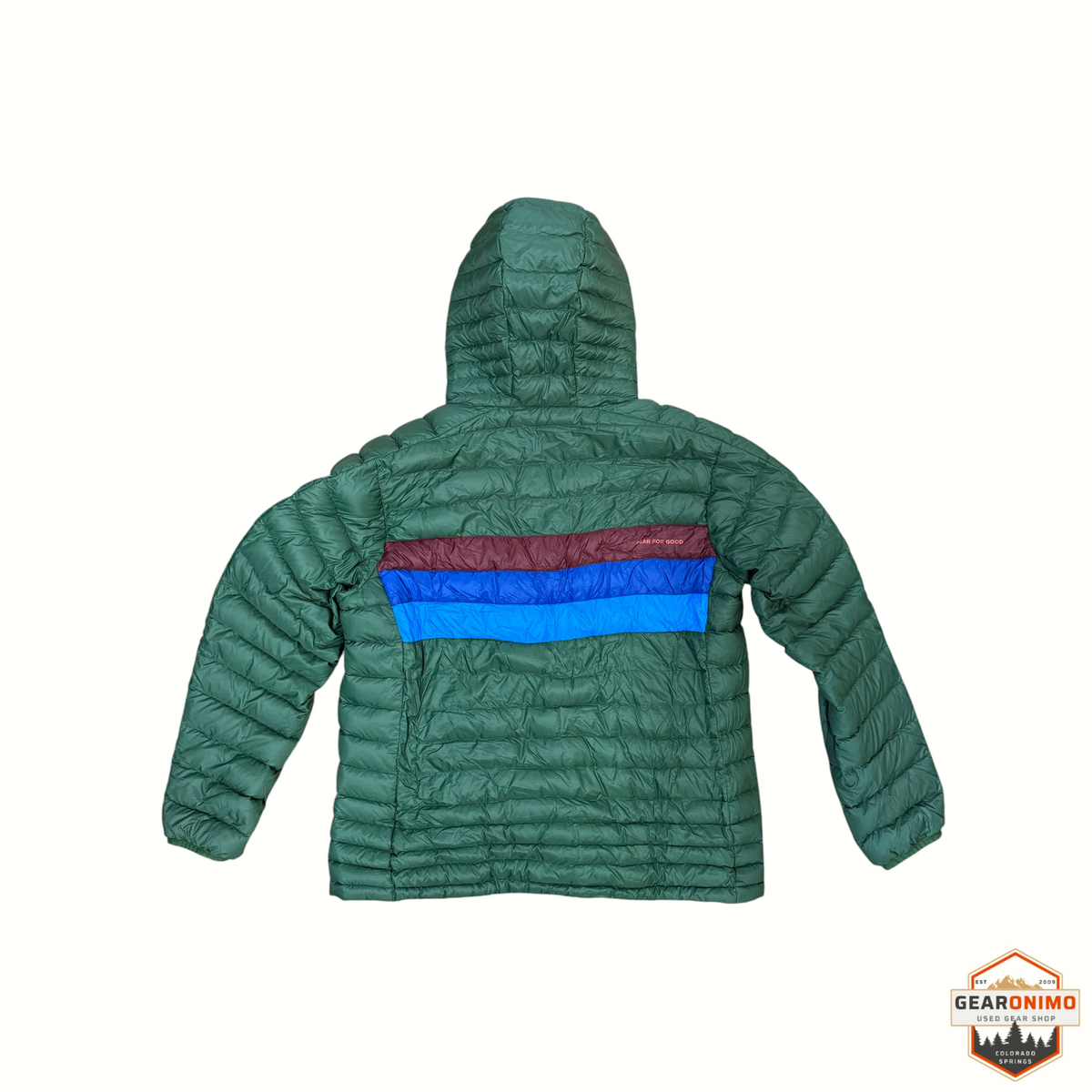 Gearonimo Sports Cotopaxi Fuego down hooded jacket in green with blue and maroon back stripe detail