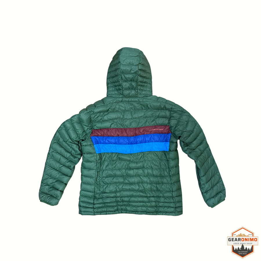 Gearonimo Sports Cotopaxi Fuego down hooded jacket in green with blue and maroon back stripe detail