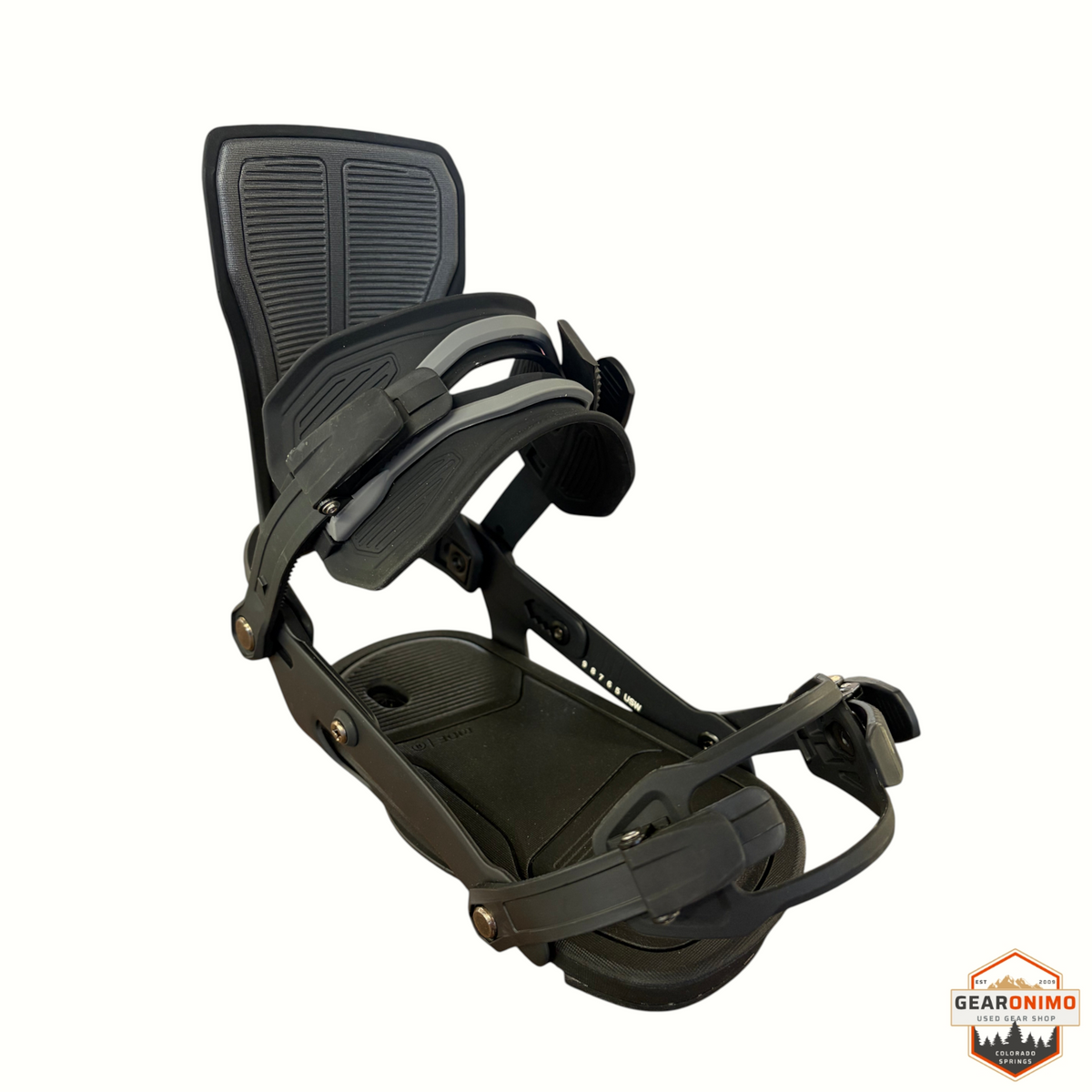 Gearonimo Sports Ride Specter women's snowboard bindings in black, size small, featuring adjustable straps.