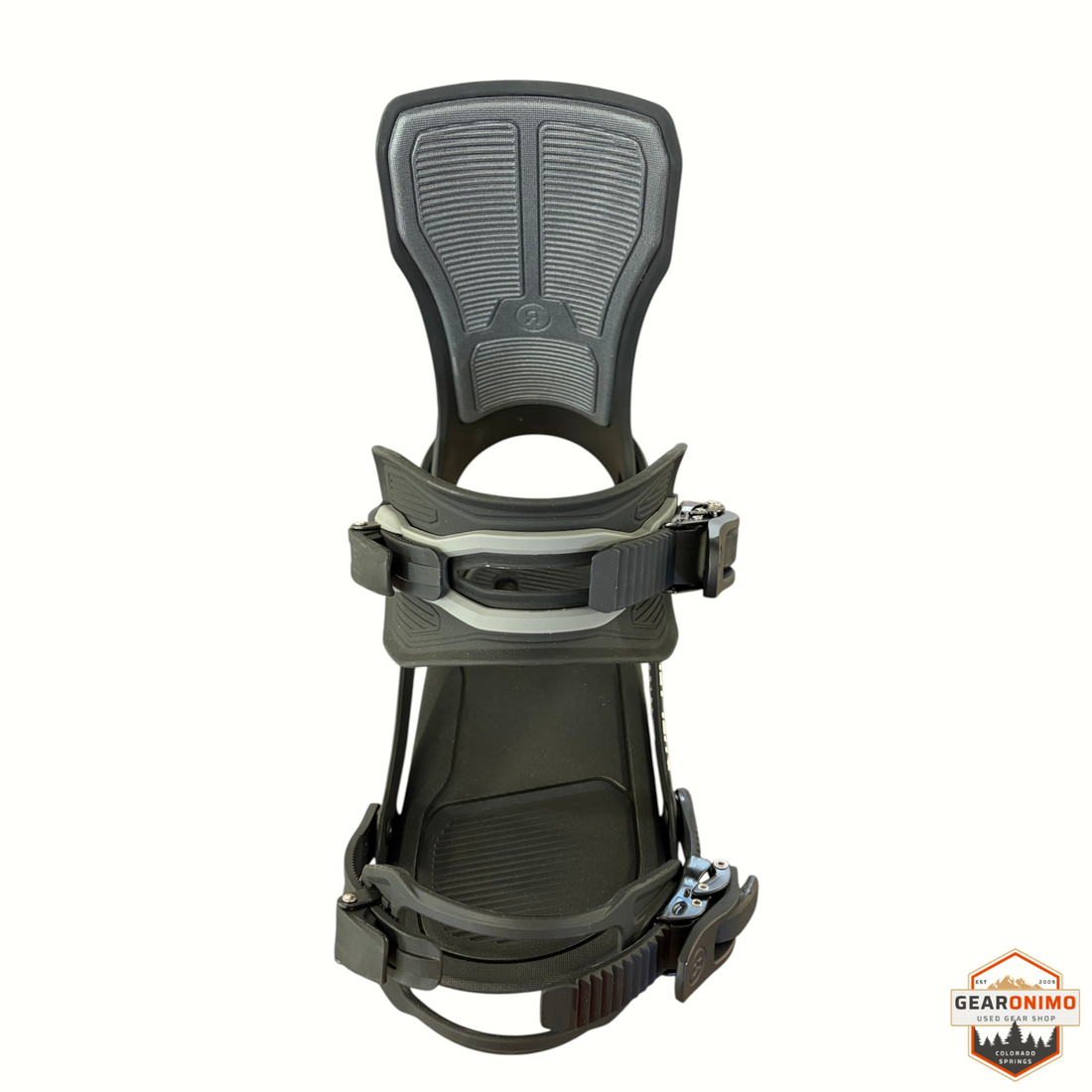 Gearonimo Sports Ride Specter women's snowboard bindings in black and grey, size small, front view.