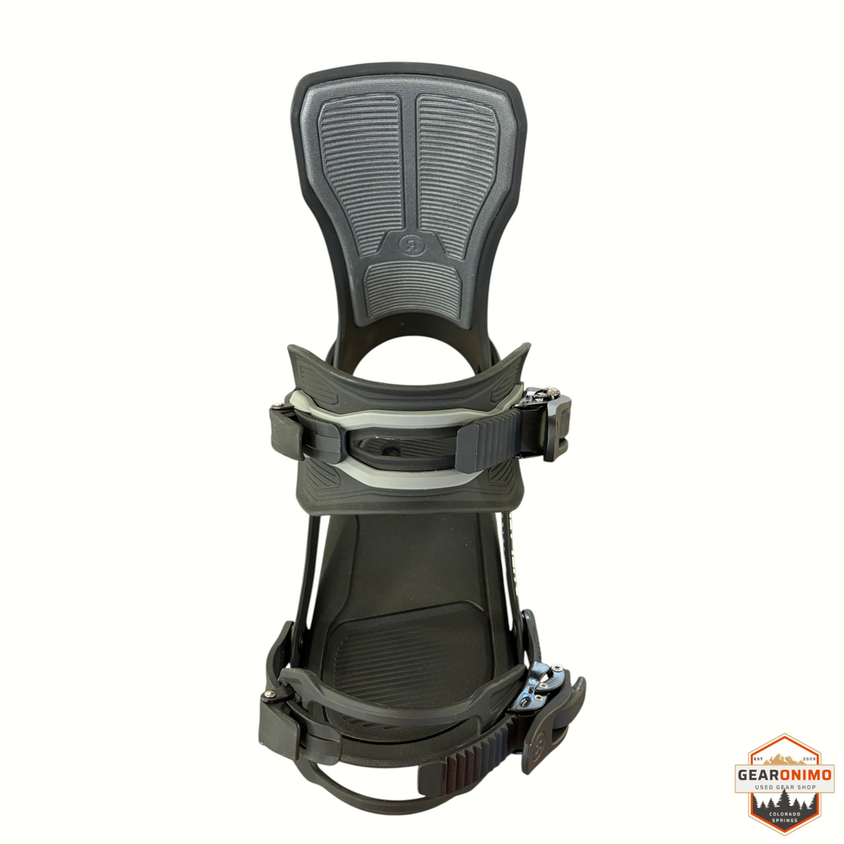 Gearonimo Sports Ride Specter women's snowboard bindings in black and grey, size small, front view.
