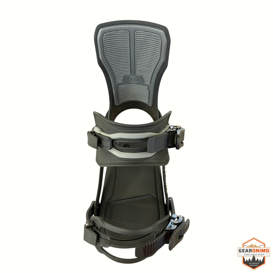 Gearonimo Sports Ride Specter women's snowboard bindings in black and grey, size small, front view.