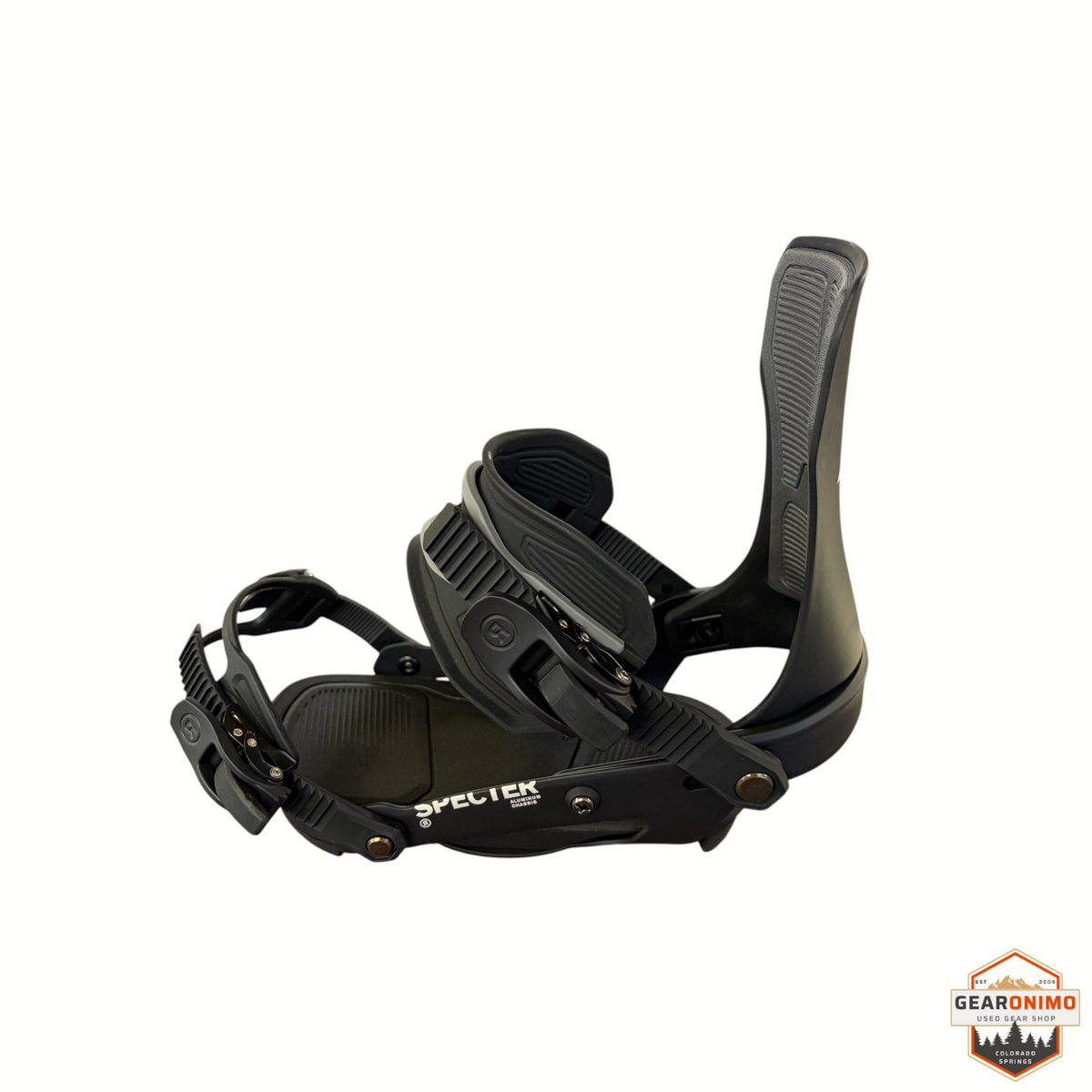 Gearonimo Sports Ride Specter women's snowboard bindings in matte black with adjustable straps and highback