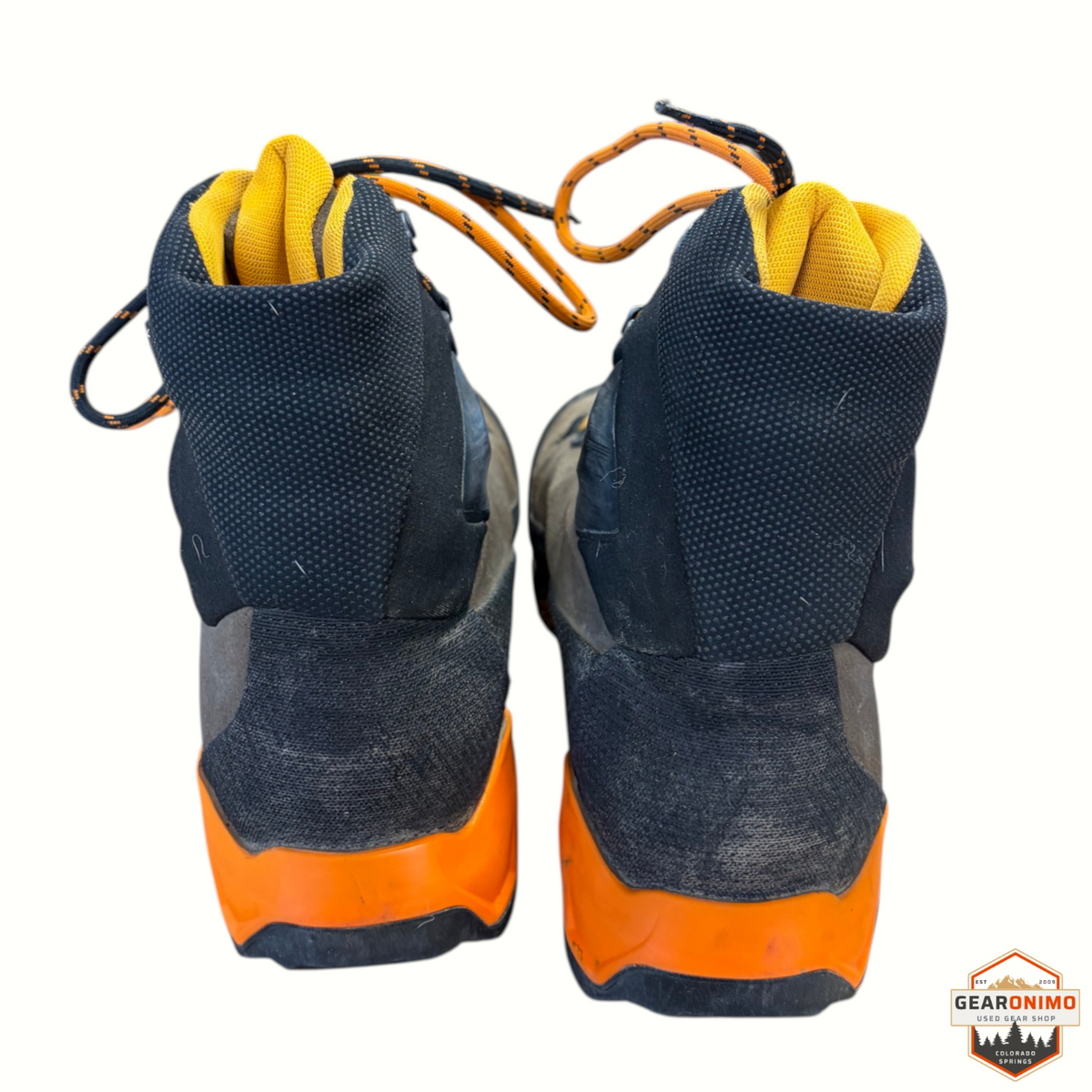 Gearonimo Sports La Sportiva Aequilbrium Trem GTX hiking boots featuring black uppers and bright orange heel guards