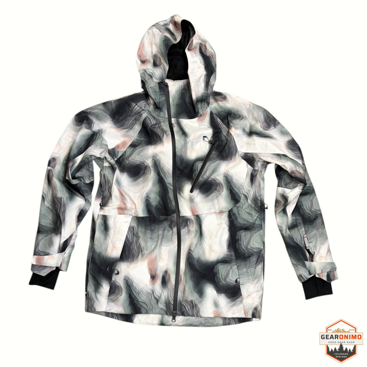 Gearonimo Sports 686 Hydra Thermagraph ski jacket in a grey and white abstract crevasse print with black accents.