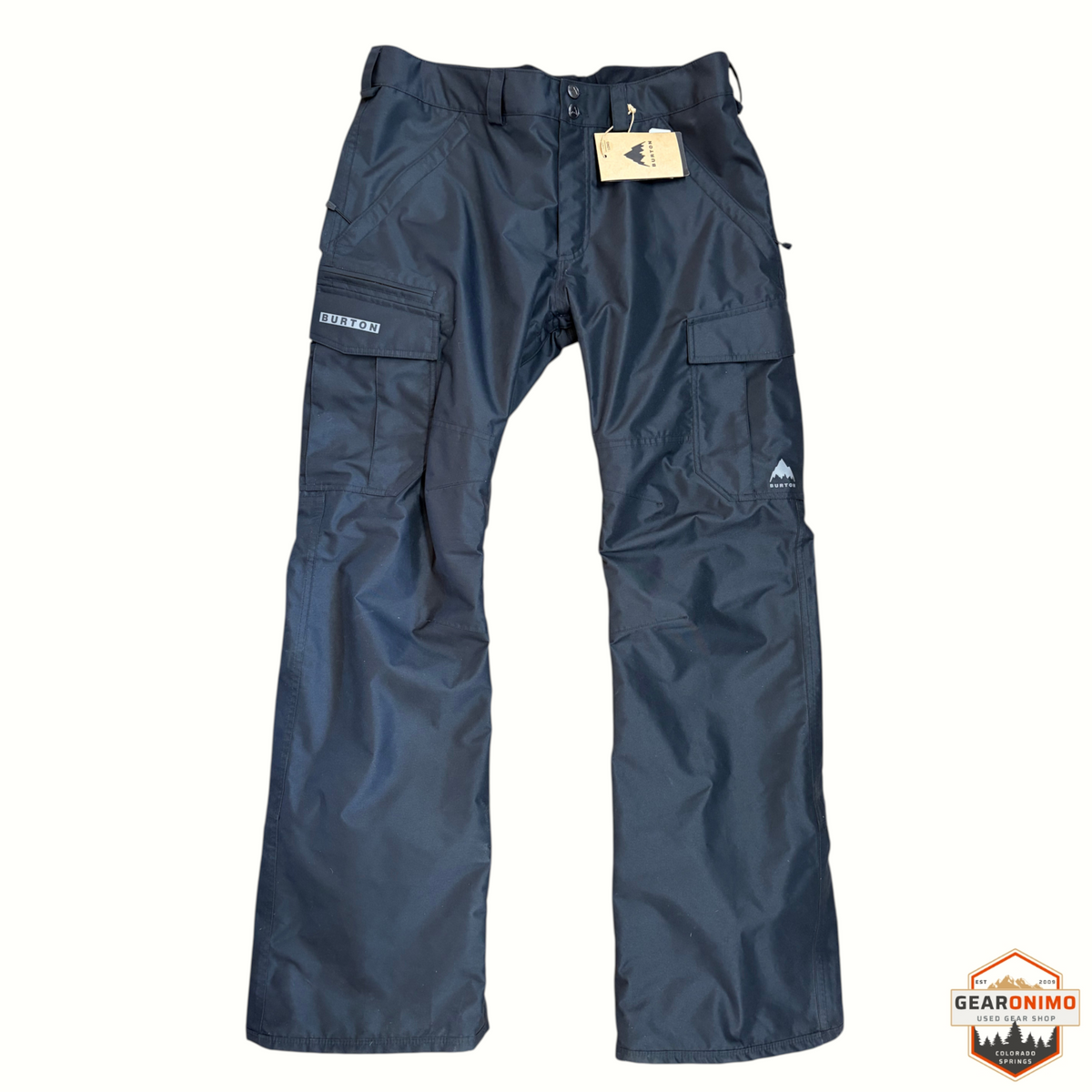 Gearonimo Sports black Burton Cargo snowboard pants with side pockets and logo detailing in size XL