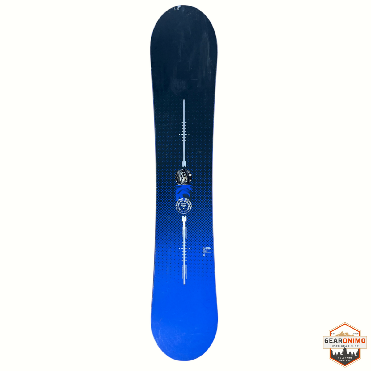 Gearonimo Sports Burton Ripcord snowboard in blue and black with a gradient dot pattern and central graphic detail