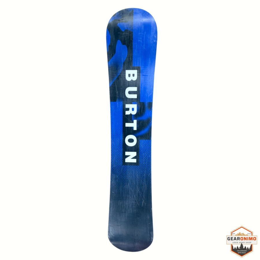 Gearonimo Sports Burton Ripcord snowboard featuring a blue and black camouflage design with bold white branding