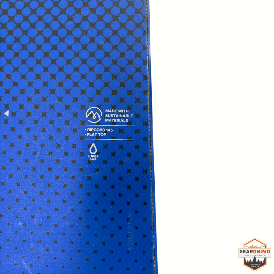Gearonimo Sports Burton Ripcord 145 snowboard with blue and black dot pattern and sustainable materials label