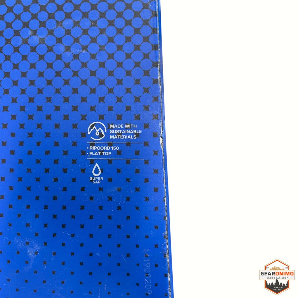 Gearonimo Sports Burton Ripcord 150 snowboard featuring a blue surface with black geometric patterns and Super Sap
