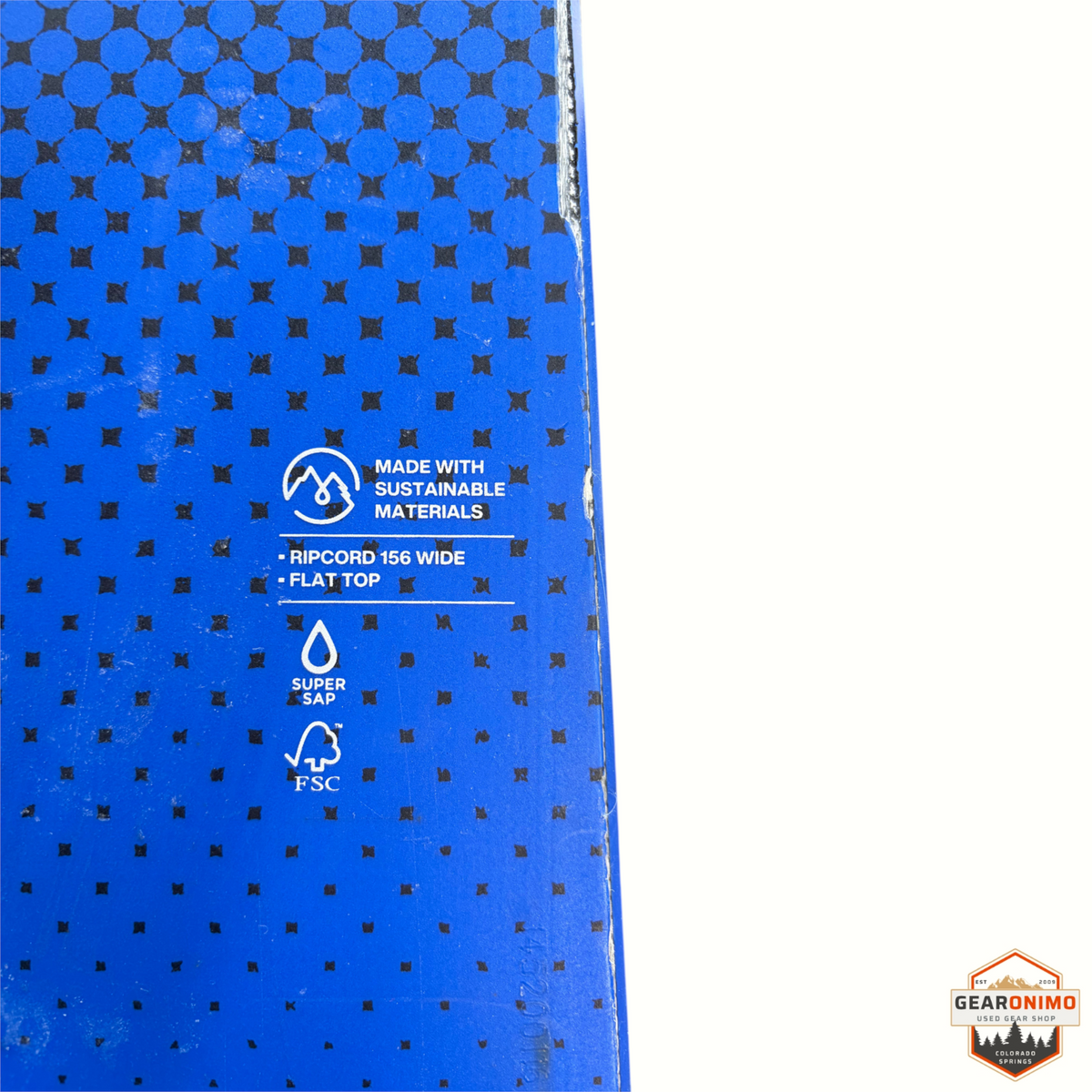 Gearonimo Sports Burton Ripcord 156 wide snowboard featuring sustainable materials and FSC certification logos