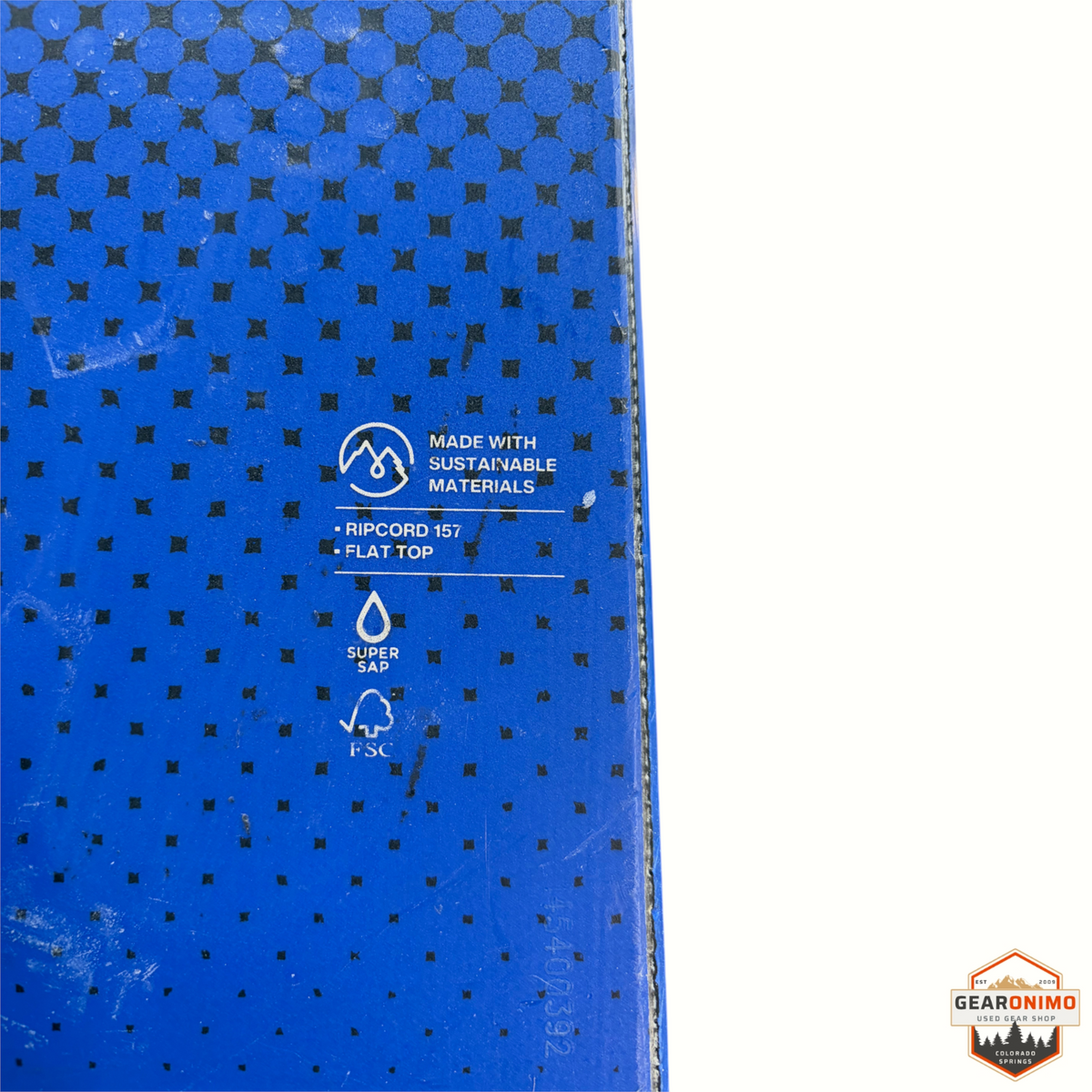 Gearonimo Sports Burton Ripcord 157 snowboard with blue and black dot pattern and sustainable material icons