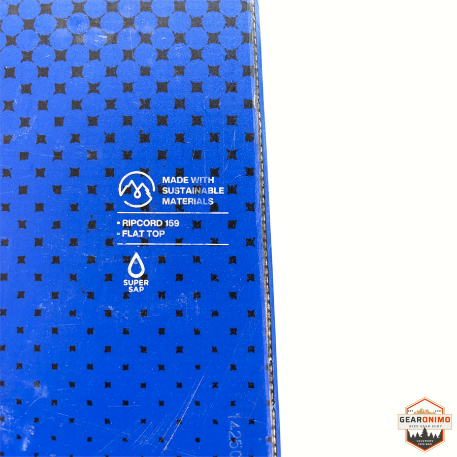 Gearonimo Sports Burton Ripcord 159 snowboard base with blue geometric pattern and sustainable materials label