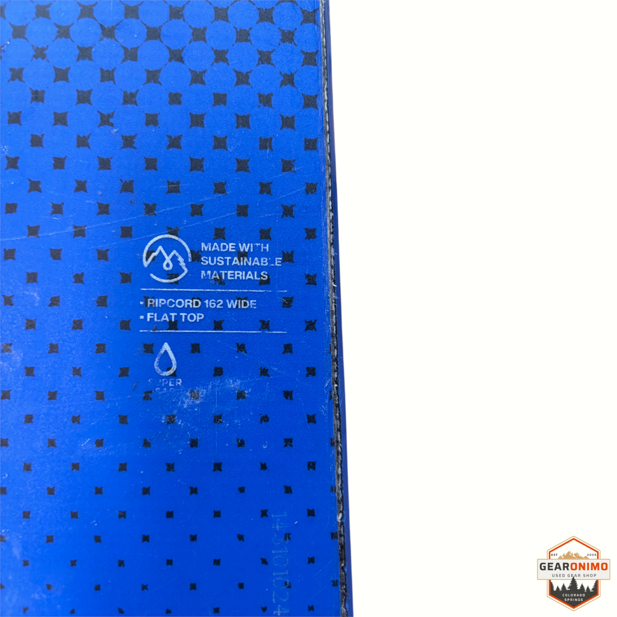 Gearonimo Sports Burton Ripcord 162 wide flat top snowboard with blue sustainable materials graphic detail