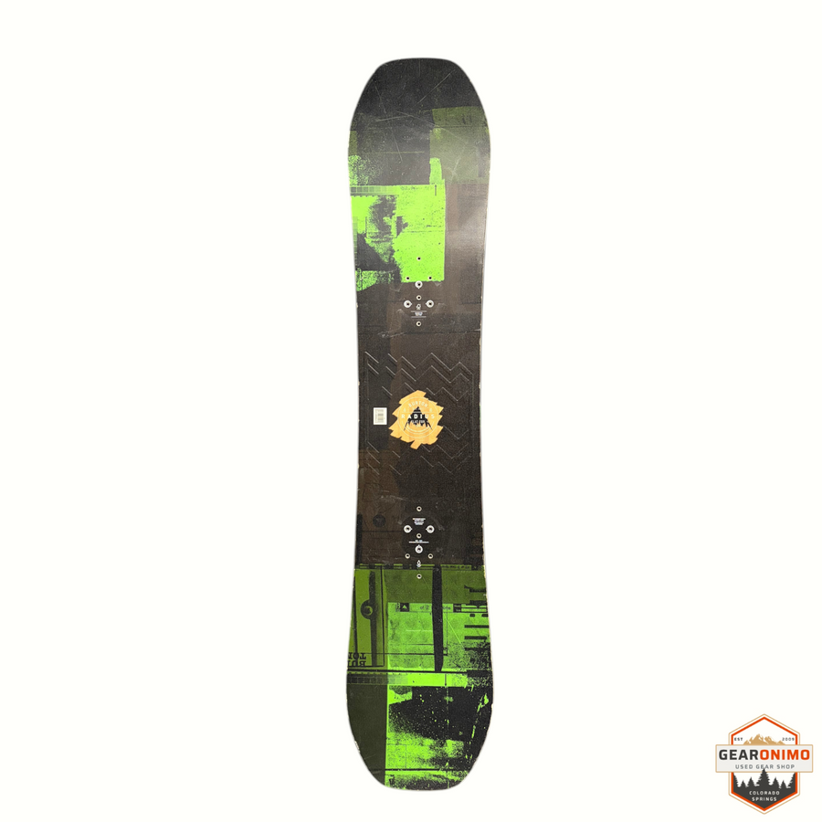 Gearonimo Sports Burton Radius snowboard with black and green graphic design, top view of beginner rocker board.