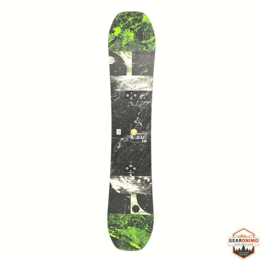 Gearonimo Sports Burton Radius snowboard with black and green marble-style graphics and a true twin shape