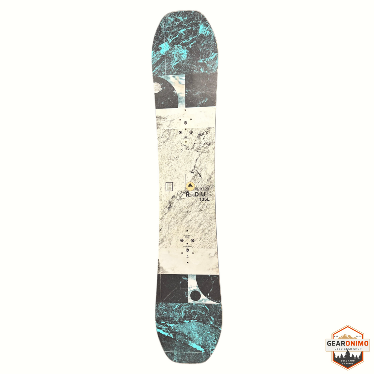 Gearonimo Sports Burton Radius snowboard with a black and teal marble graphic design on a white background