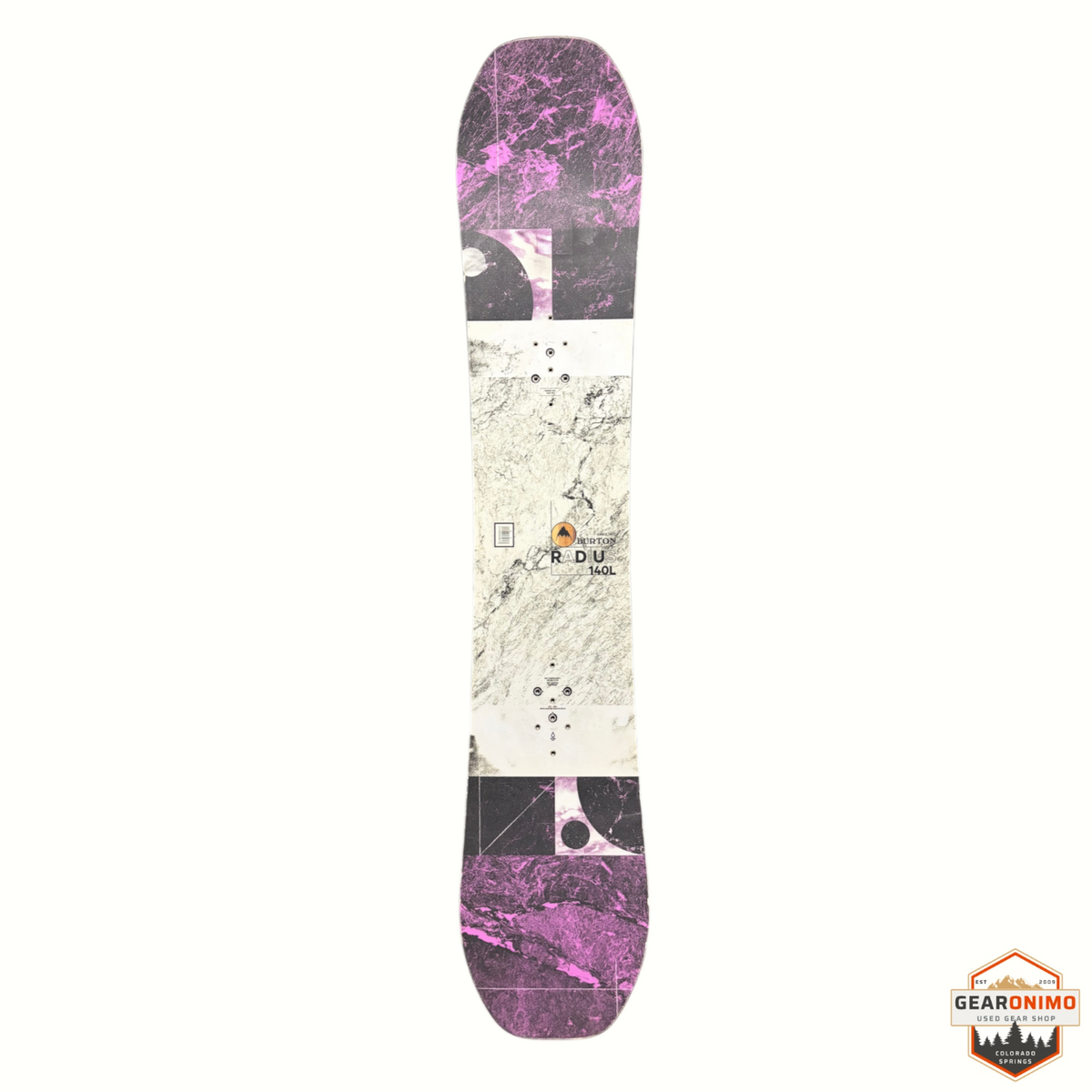 Gearonimo Sports Burton Radius snowboard with a white and purple marble graphic design in a top-down view