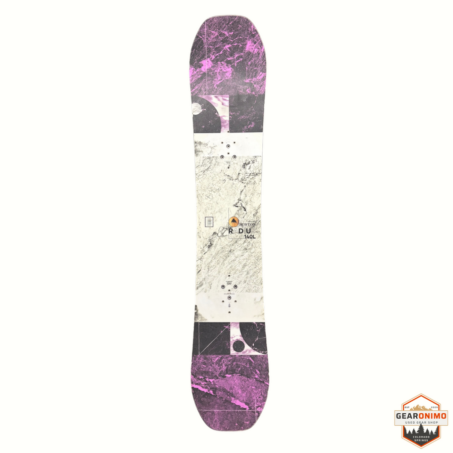 Gearonimo Sports Burton Radius snowboard with a white and purple marble graphic design in a top-down view