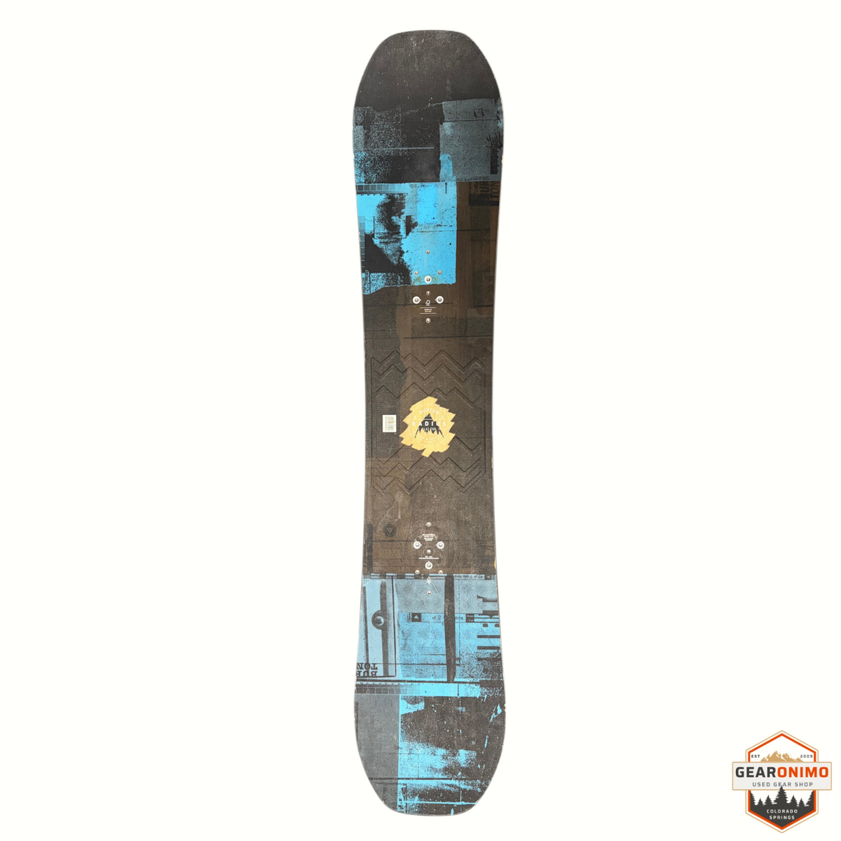 Gearonimo Sports Burton Radius snowboard with a blue and brown graphic design, shown from a top-down view.