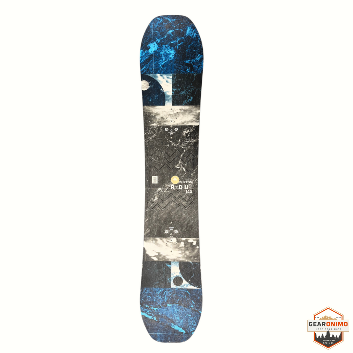Gearonimo Sports Burton Radius beginner snowboard with blue and black patterned topsheet design
