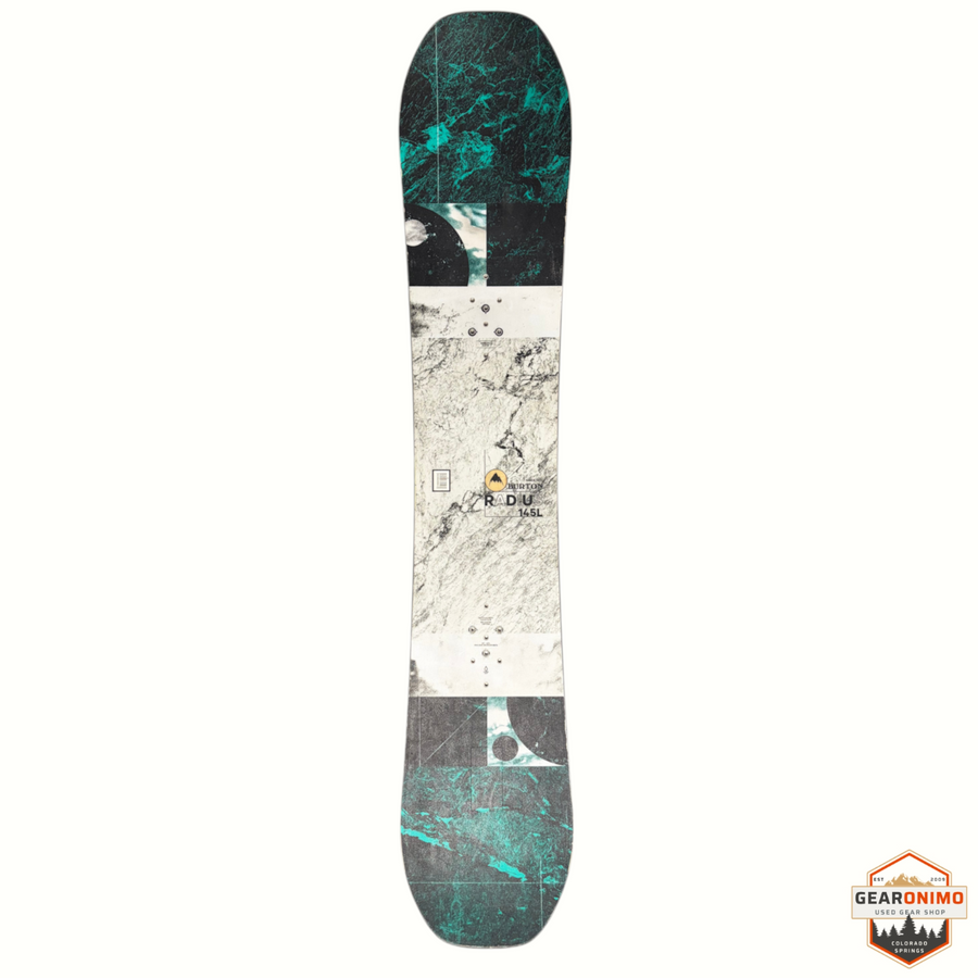 Gearonimo Sports Burton Radius snowboard with a teal and white marble graphic design on a white background