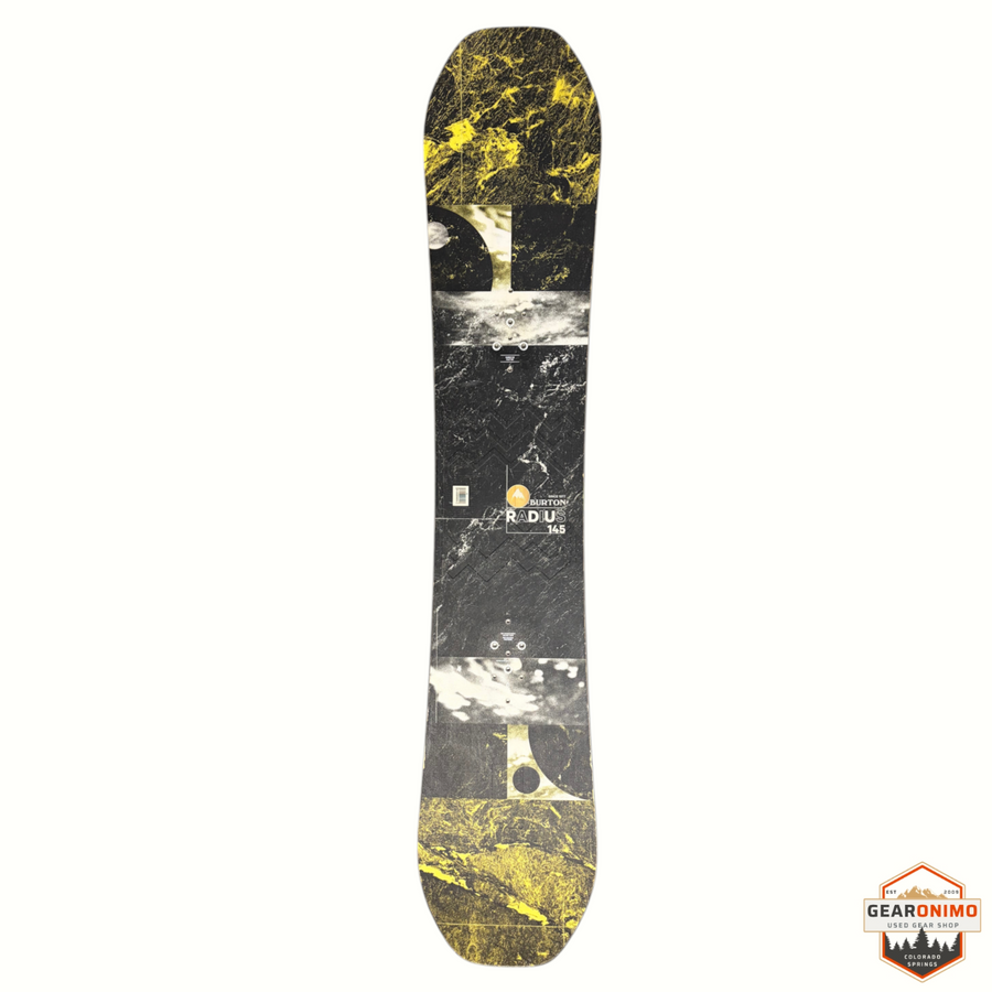 Gearonimo Sports Burton Radius snowboard with black and yellow marble-style graphic, top-down view
