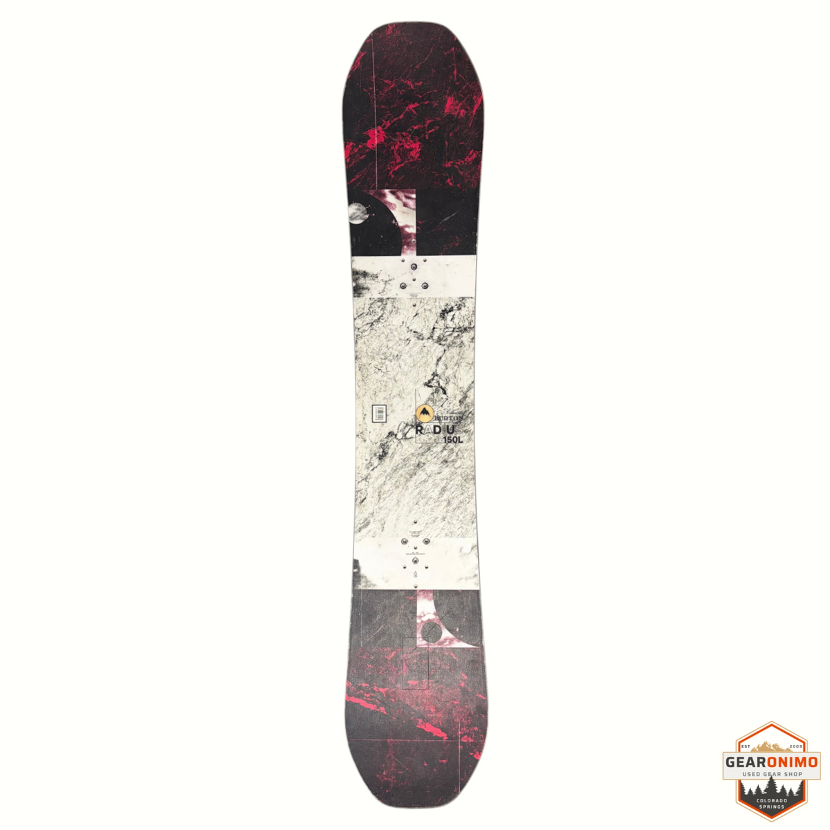 Gearonimo Sports Burton Radius snowboard with a black and white marble graphic design, viewed from above.