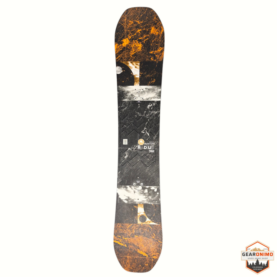 Gearonimo Sports Burton Radius snowboard with black and orange marble graphic design, top-down view.