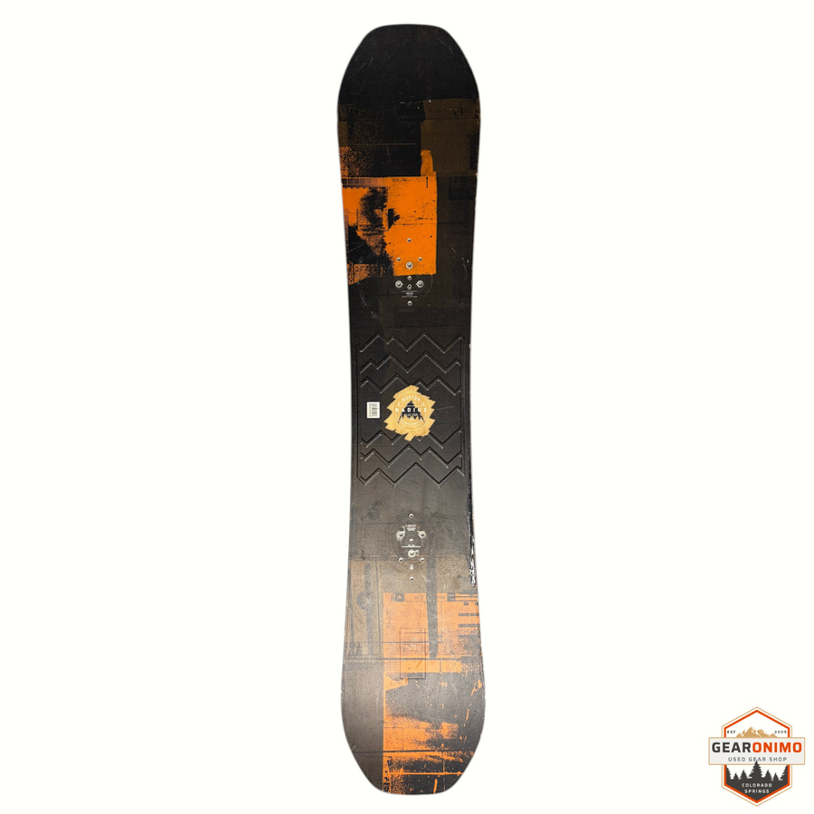 Gearonimo Sports Burton Radius beginner snowboard with black and orange graphic design on a white background