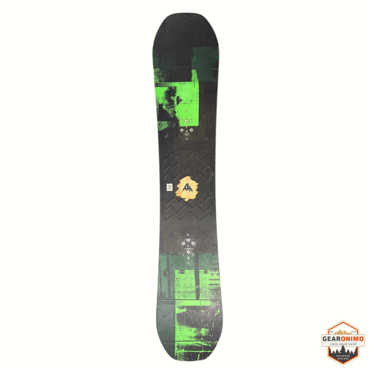 Gearonimo Sports Burton Radius snowboard with black and green graphic design, top-down view